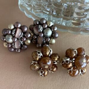2 Pair Lot Vintage 1950's Japan Clip On Bead Earrings
